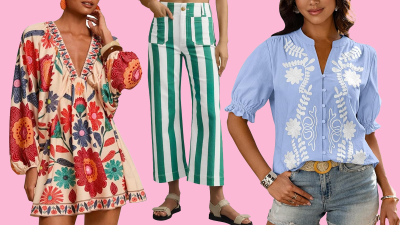 Colorful dress, striped jeans and blue floral blouse